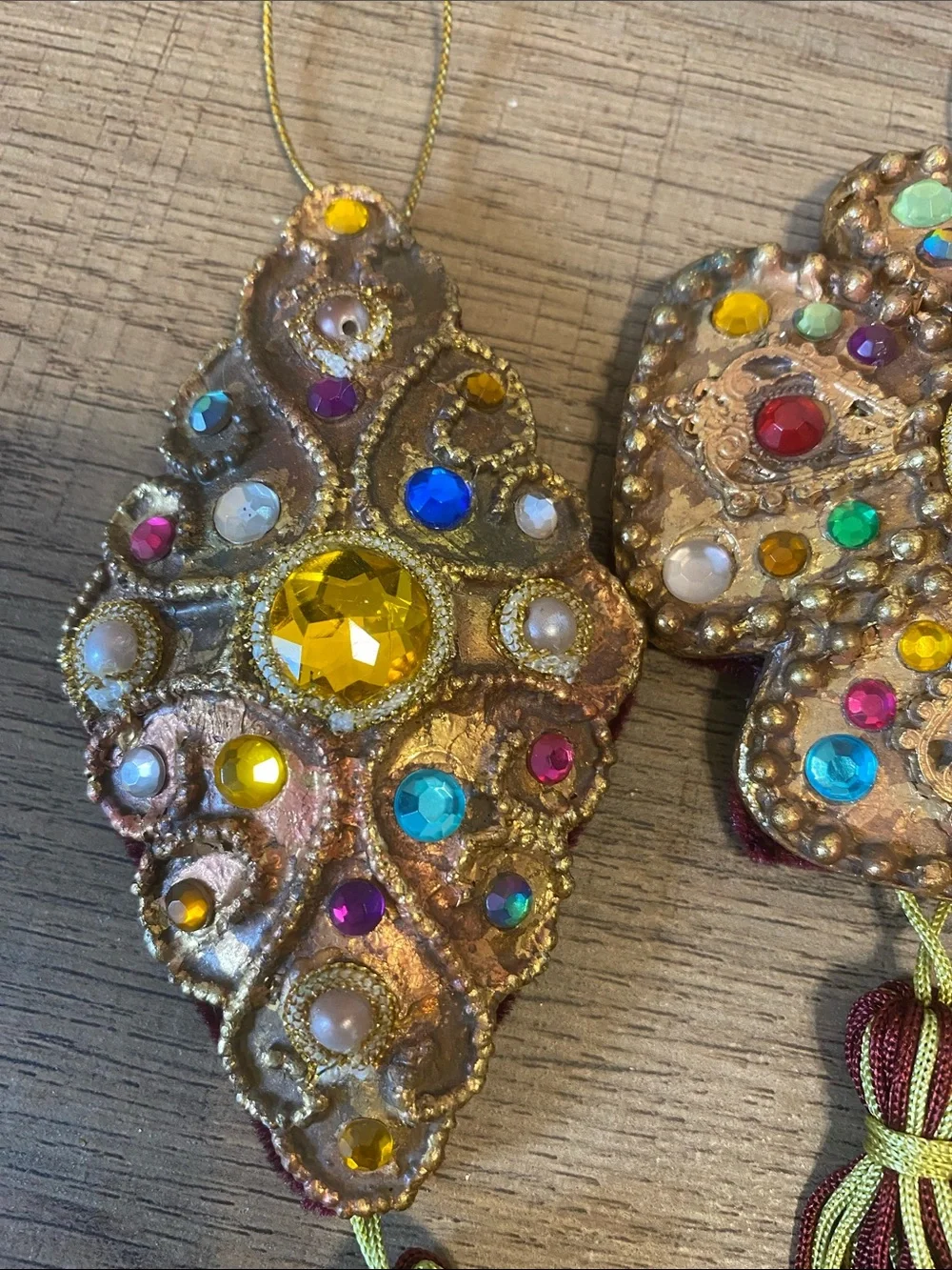 Victorian Style Embellished Gold Filigree Beaded Hanging Ornaments Set of 4